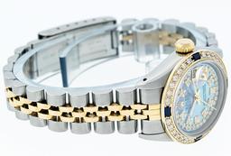 Rolex Ladies 2 Tone 14K Blue MOP Diamond & Sapphire Datejust Wriswatch