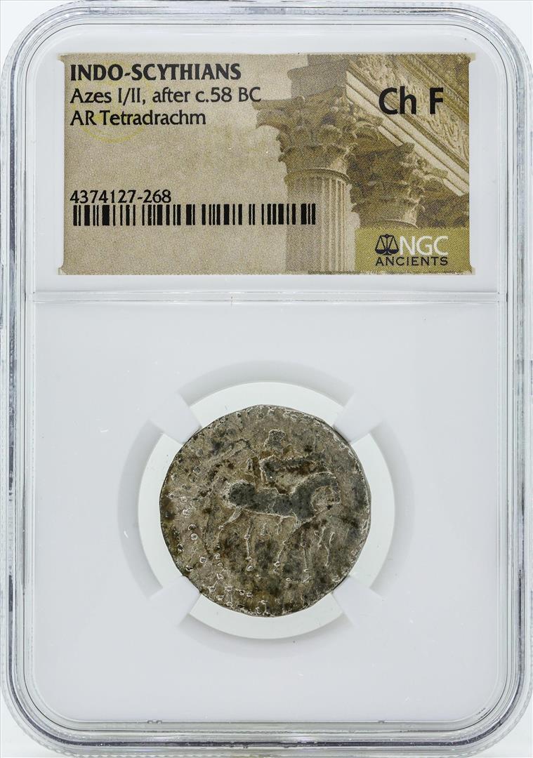 58 BC Indo Scythians Azes I/II AR Tetradrachm Coin NGC Ch F
