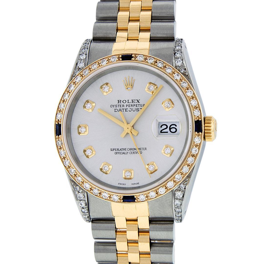 Rolex Mens 2 Tone 14K Lugs Silver Diamond & Sapphire 36MM Datejust