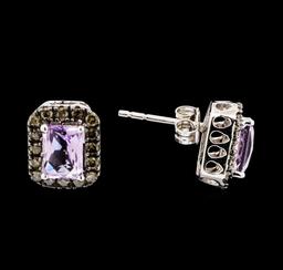 2.00 ctw Amethyst and Brown Diamond Earrings - 14KT White Gold