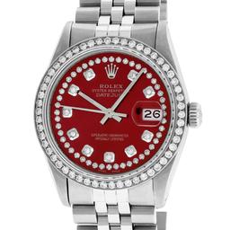 Rolex Mens Stainless Steel Red String Diamond 36MM Datejust Wristwatch