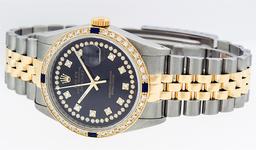 Rolex Mens 2 Tone 14K Black String Diamond & Sapphire 36MM Datejust Wristwatch