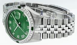 Rolex Mens Stainless Steel Green Roman Diamond & Emerald Datejust Wristwatch