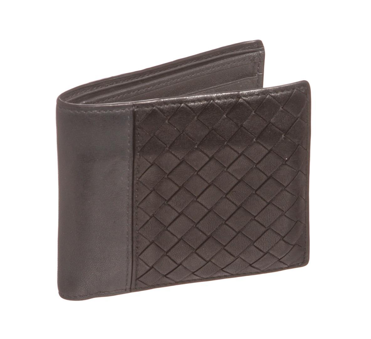 Bottega Veneta Black Gray Leather Mens Woven Bifold Wallet