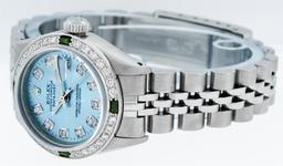 Rolex Ladies Stainless Steel Sky Blue Diamond & Emerald Datejust Wristwatch