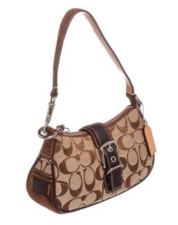 Coach Brown Monogram Canvas Suede Trim Pochette Shoulder Handbag