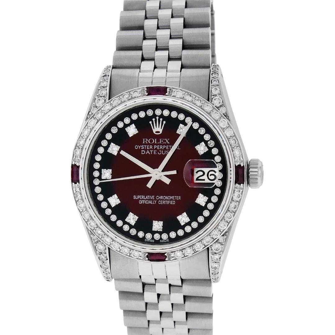 Rolex Mens Stainless Steel Diamond Lugs Red Vignette & Ruby Datejust Wristwatch