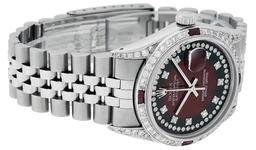 Rolex Mens Stainless Steel Diamond Lugs Red Vignette & Ruby Datejust Wristwatch