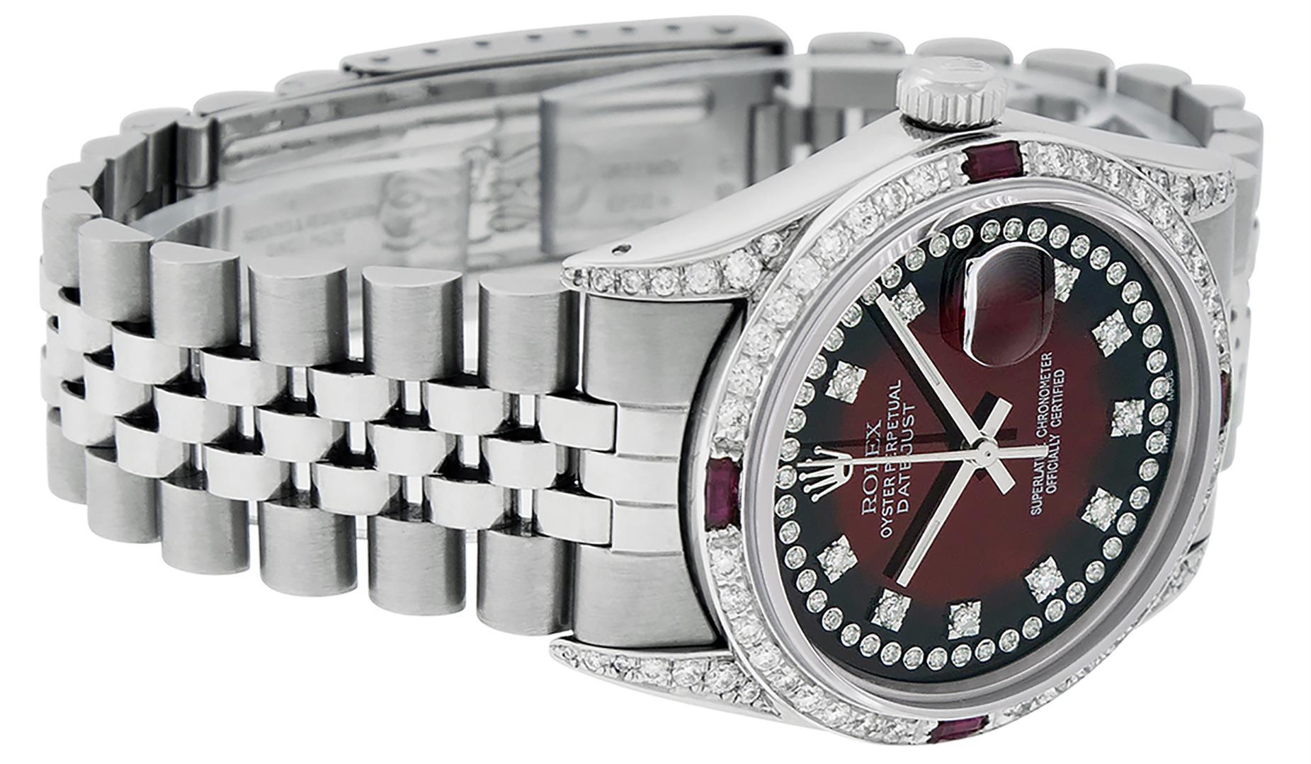 Rolex Mens Stainless Steel Diamond Lugs Red Vignette & Ruby Datejust Wristwatch