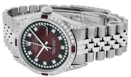 Rolex Mens Stainless Steel Diamond Lugs Red Vignette & Ruby Datejust Wristwatch