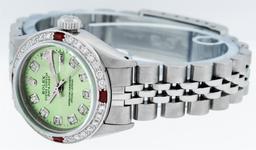 Rolex Ladies Stainless Steel Green Diamond & Ruby Datejust Wristwatch