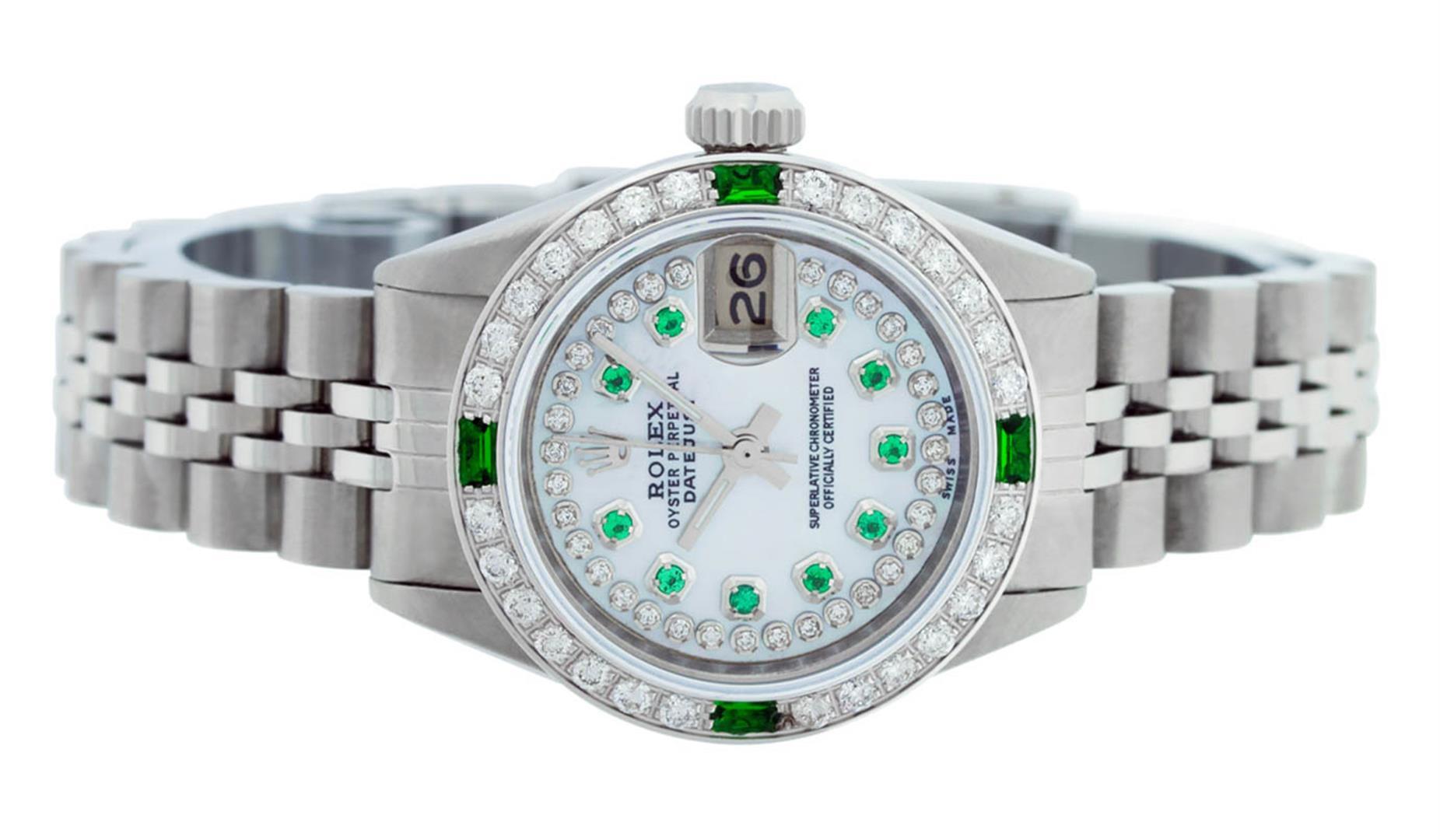 Rolex Ladies Stainless Steel MOP Emerald & Diamond Datejust Wristwatch