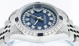 Rolex Ladies Stainless Steel Quickset Blue Diamond Lugs Datejust Wristwatch