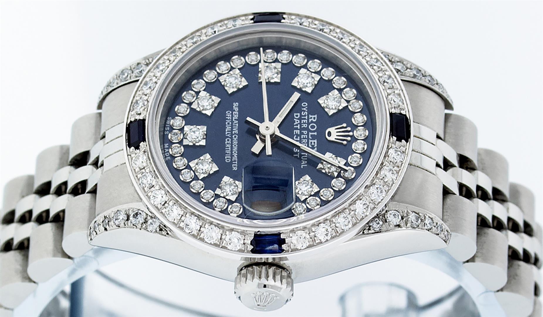 Rolex Ladies Stainless Steel Quickset Blue Diamond Lugs Datejust Wristwatch