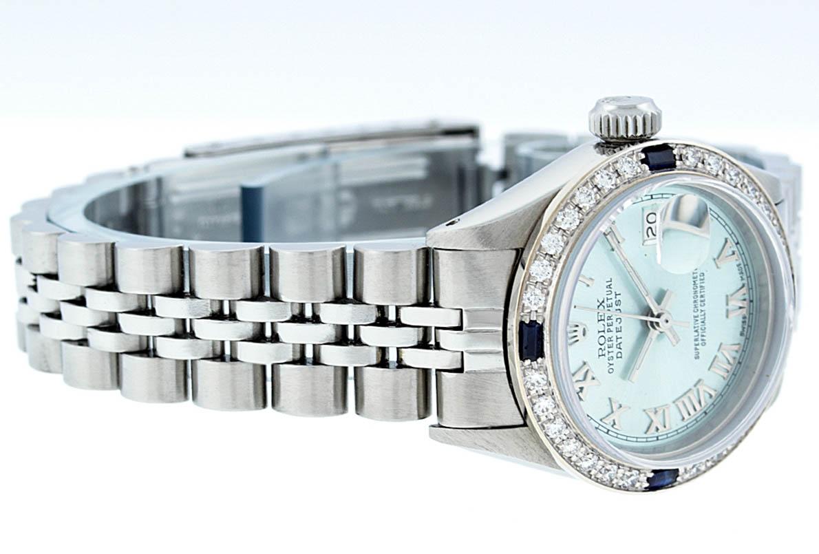 Rolex Ladies Stainless Steel Ice Blue Diamond & Sapphire Datejust Wristwatch