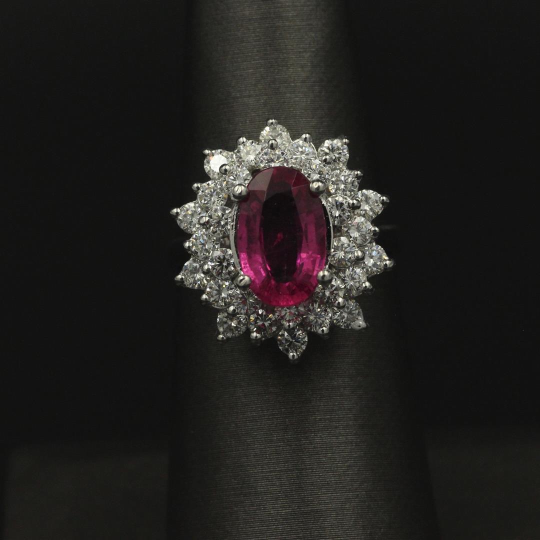 3.66 Carat Round Cut Rubellite Diamonds Oval Cut Flower Ring 14k White Gold