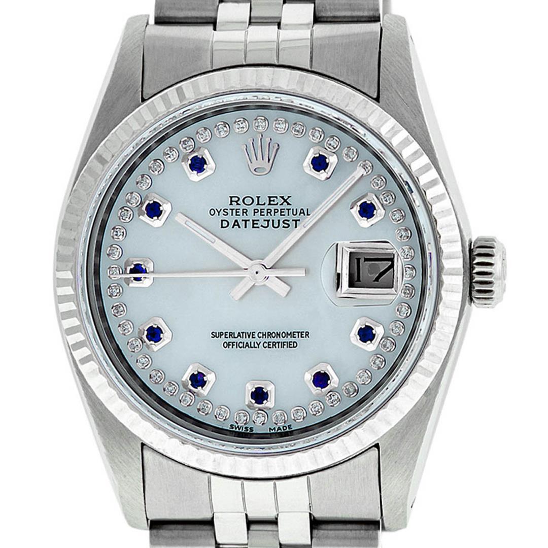 Rolex Mens Stainless Steel Mother Of Pearl Diamond & Sapphire Datejust Wristwatc