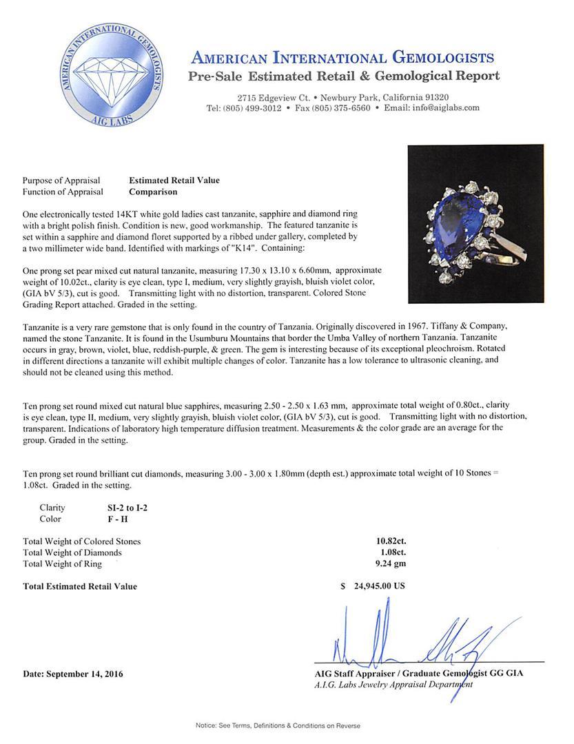 10.02 ctw Tanzanite, Blue Sapphire, and Diamond Ring - 14KT White Gold