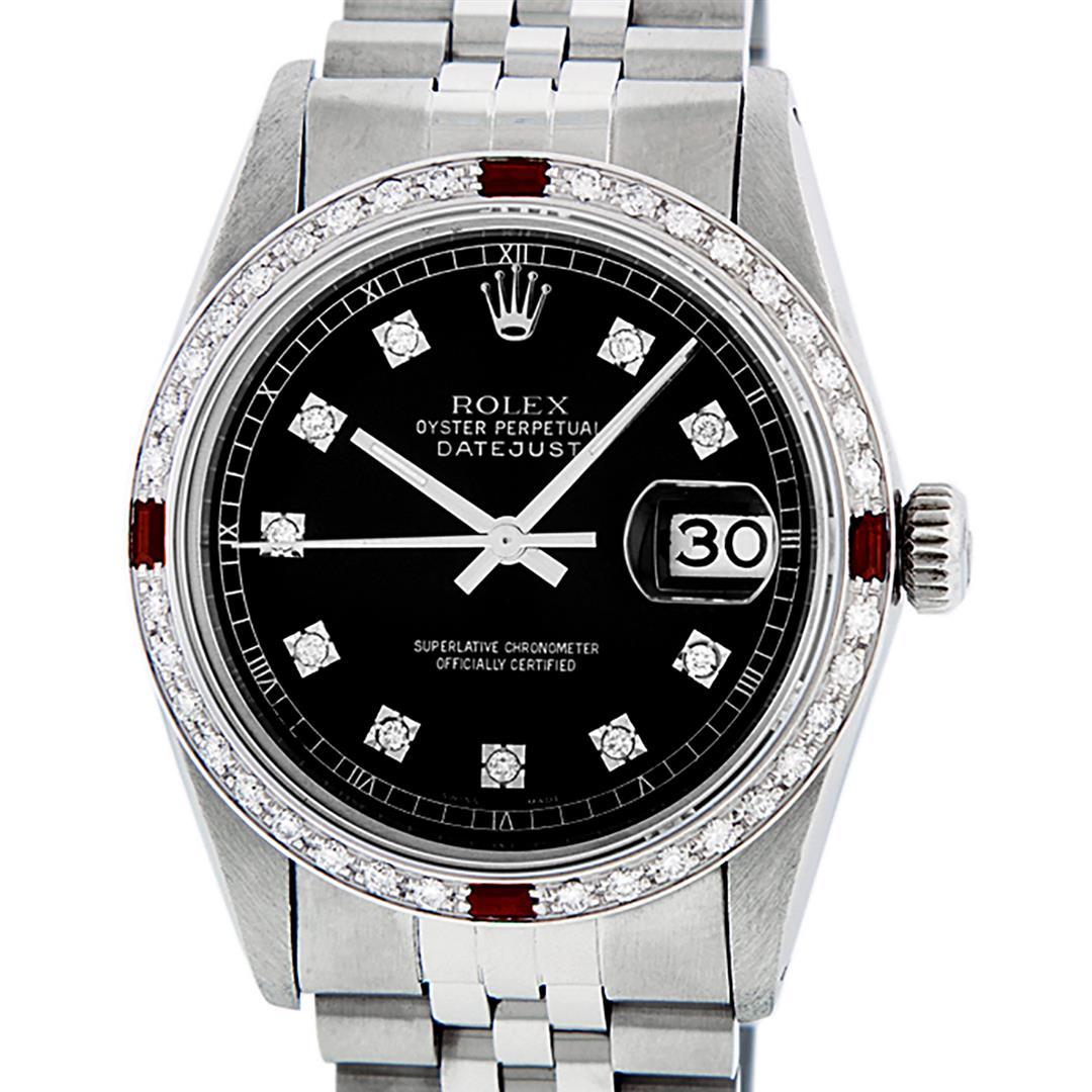 Rolex Mens Stainless Steel Black Diamond & Ruby Datejust Wristwatch