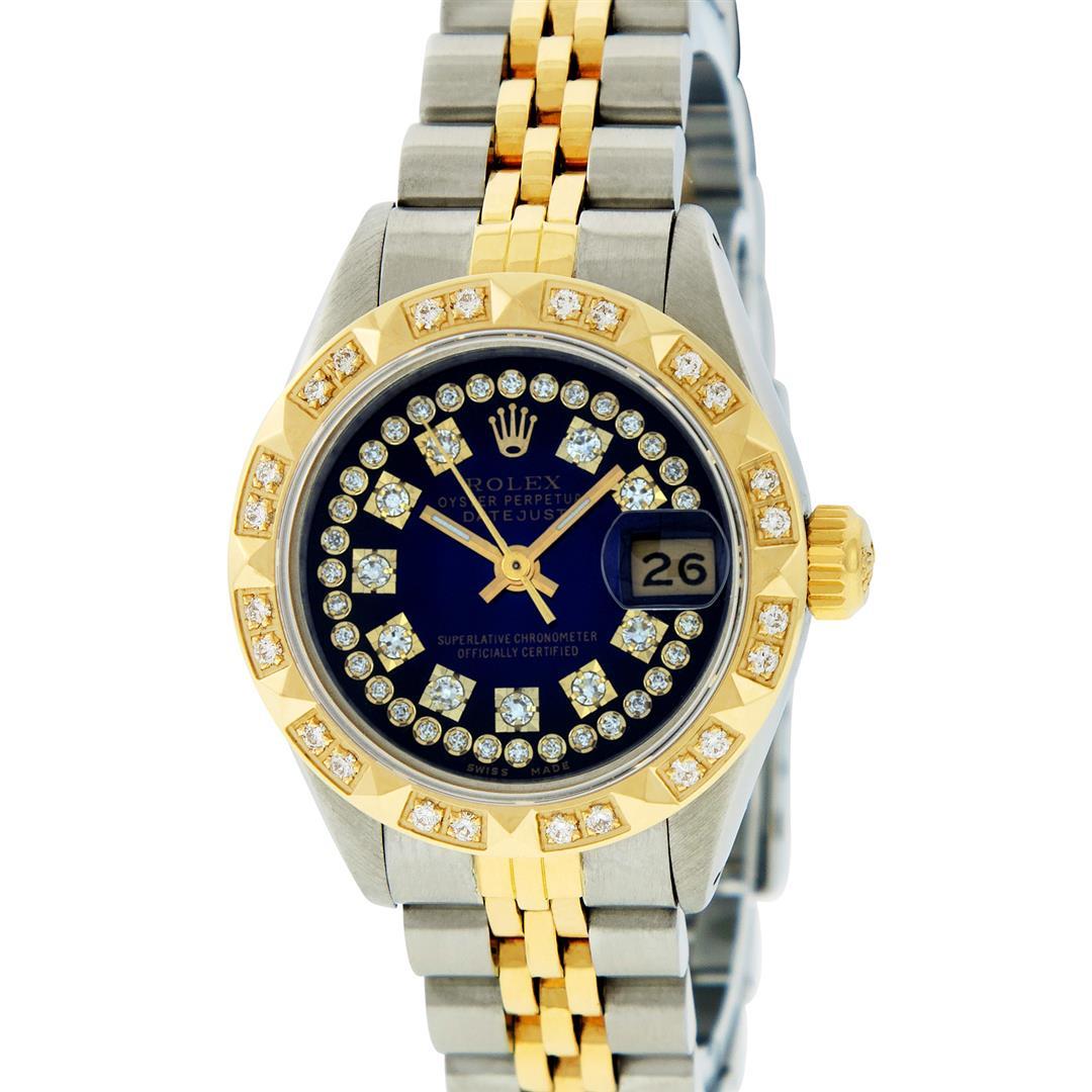 Rolex Ladies 2 Tone 14K Blue Vignette String Pyramid Diamond Datejust Wristwatch