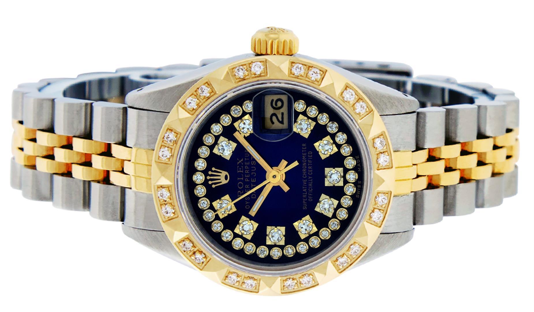 Rolex Ladies 2 Tone 14K Blue Vignette String Pyramid Diamond Datejust Wristwatch