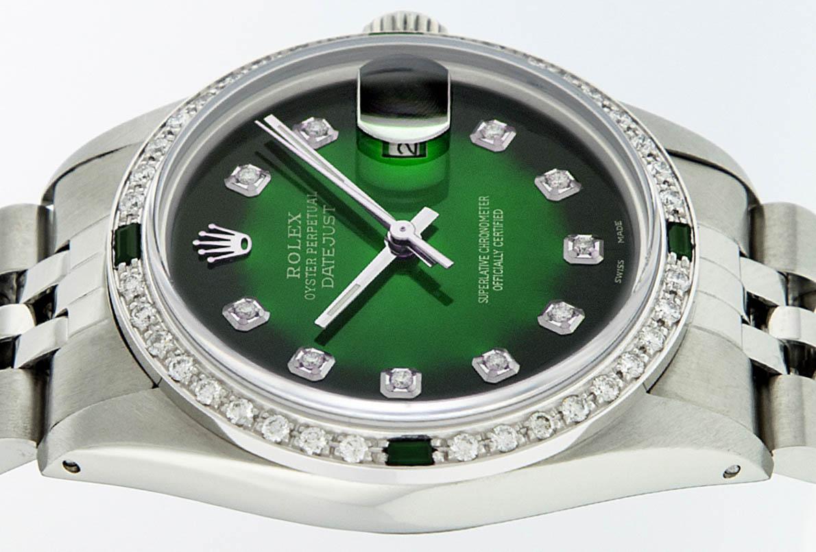 Rolex Mens Stainless Steel 36mm Green Vignette Diamond Datejust Wristwatch