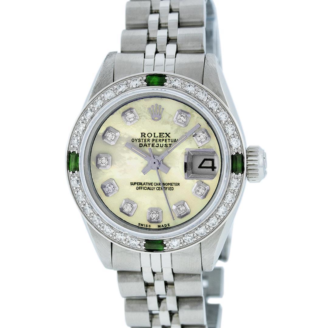 Rolex Ladies Stainless Steel Yellow MOP Diamond & Emerald Datejust Wristwatch