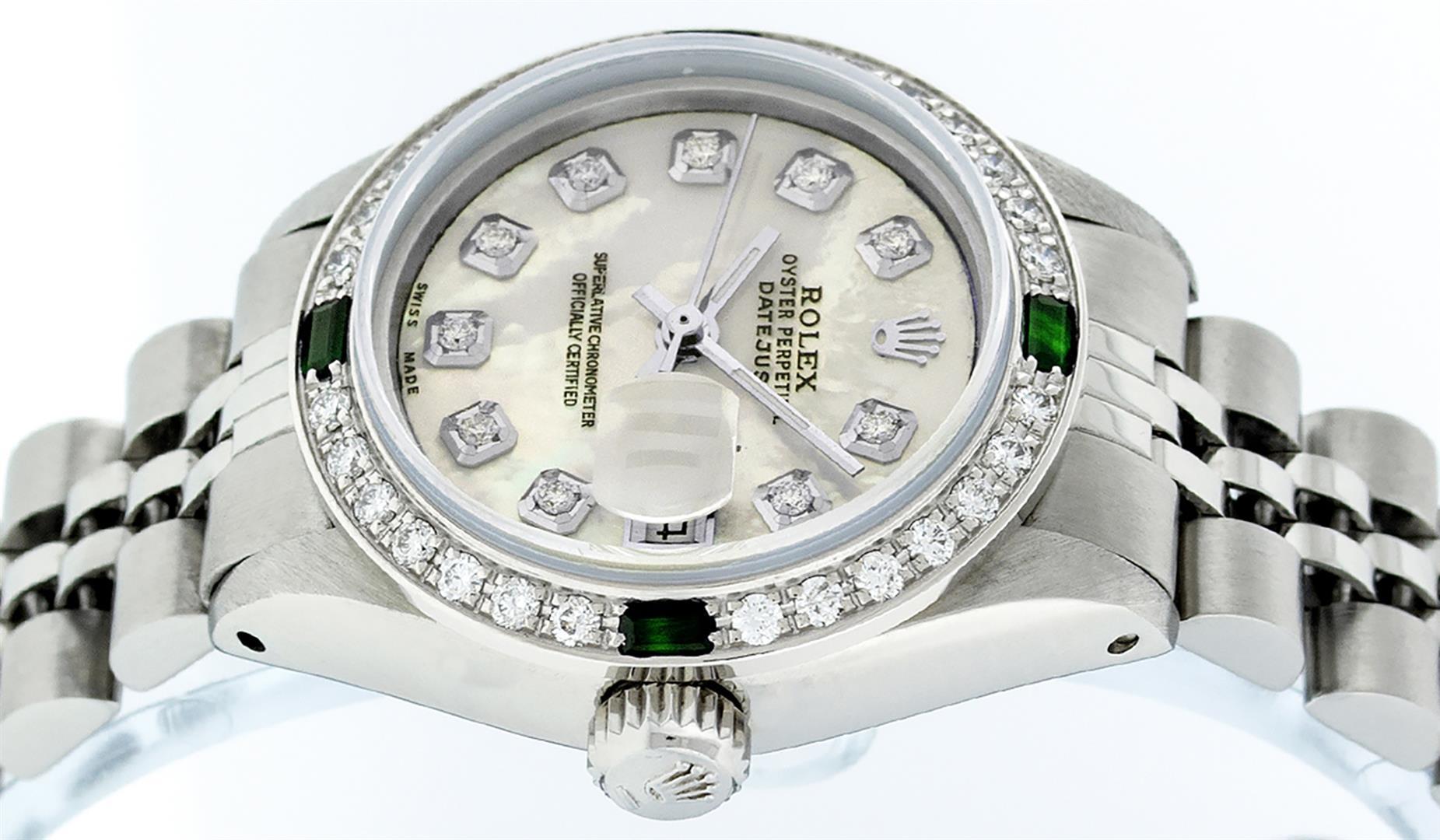 Rolex Ladies Stainless Steel Yellow MOP Diamond & Emerald Datejust Wristwatch