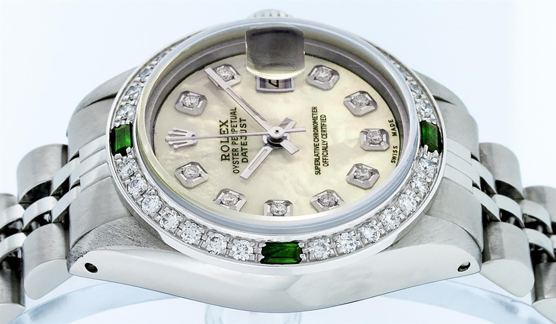 Rolex Ladies Stainless Steel Yellow MOP Diamond & Emerald Datejust Wristwatch