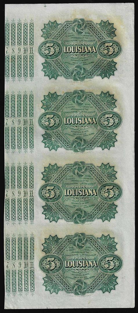 Uncut Sheet of (4) State of Louisiana Baby Bond Obsolete Notes