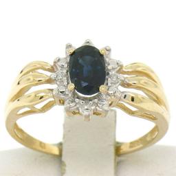 14k Yellow Gold 0.79 ctw Oval Royal Blue Sapphire Ring w/ 4 Round Diamond Accent