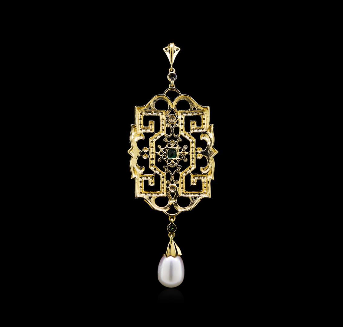 Pearl, Emerald and Diamond Pendant - 18KT Yellow Gold