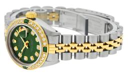 Rolex Ladies 2 Tone Green Diamond & Emerald Datejust Wristwatch