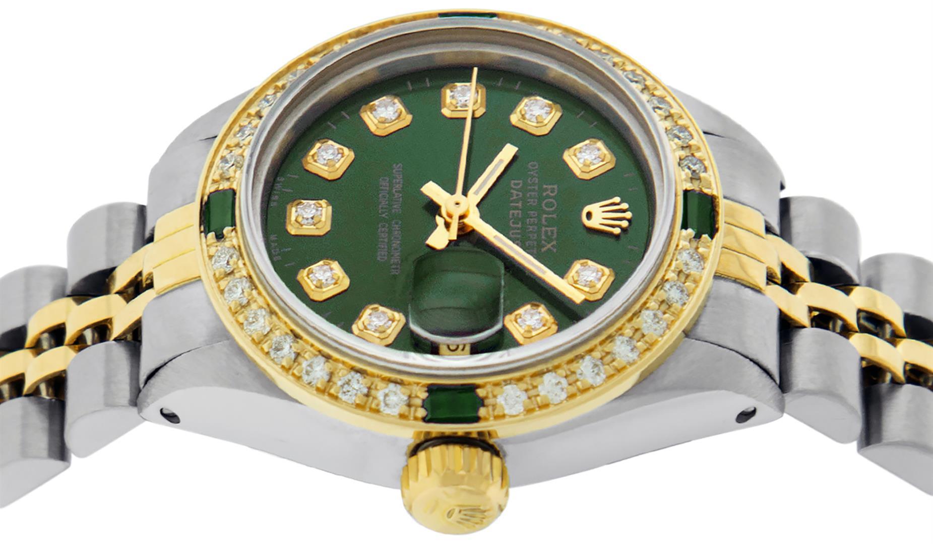 Rolex Ladies 2 Tone Green Diamond & Emerald Datejust Wristwatch