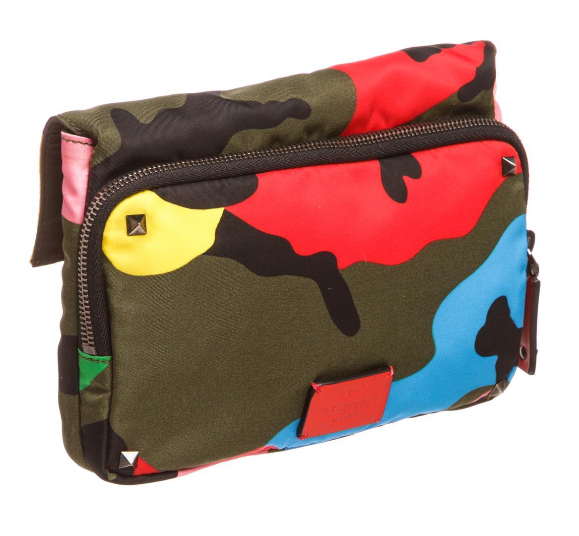 Valentino Psychedelic Camo Rockstud Nylon Leather Clutch Bag