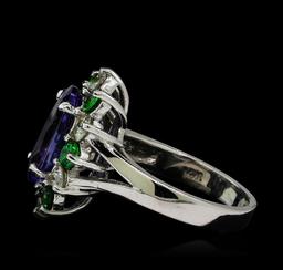 3.90 ctw Tanzanite, Tsavorite and Diamond Ring - 14KT White Gold