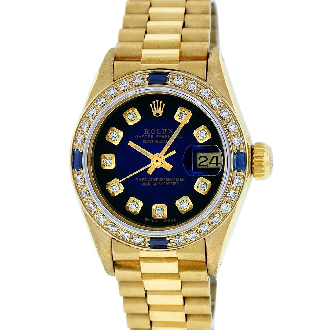 Rolex Ladies 18K Yellow Gold Sapphire And Blue Vignette Diamond President Wristw