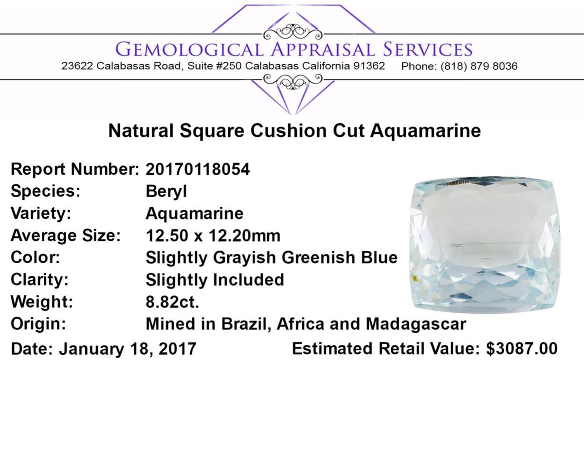 8.82 ct.Natural Square Cushion Cut Aquamarine