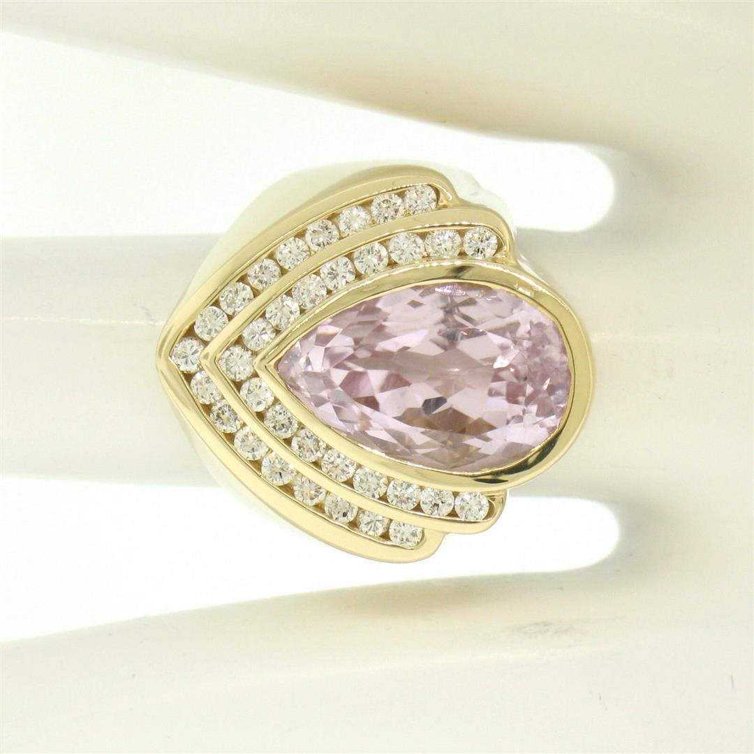 14k Yellow Gold Bezel Pear Morganite & Diamond Channels 8.05 ctw Large Ring