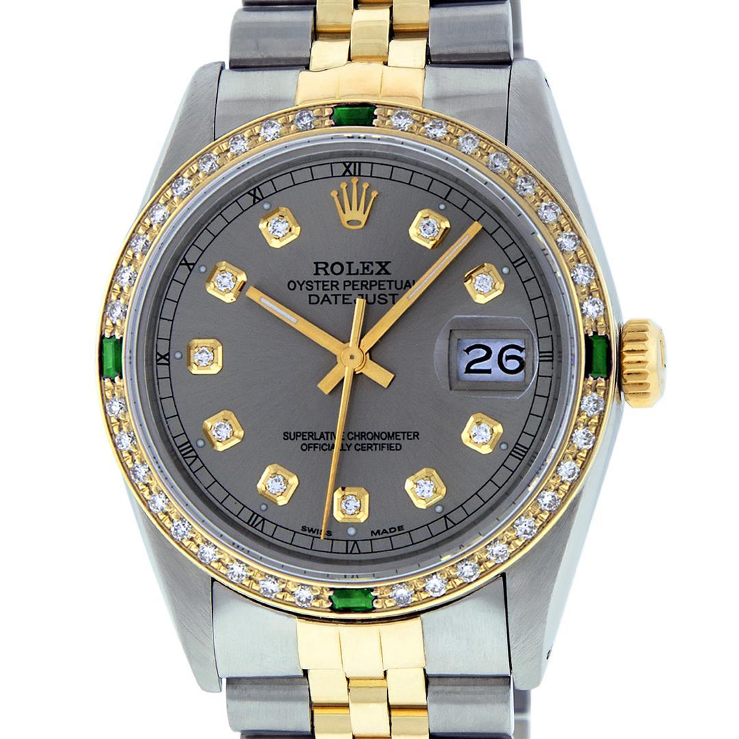 Rolex Mens 2 Tone 14K Slate Grey & Emerald Diamond Datejust Wriswatch