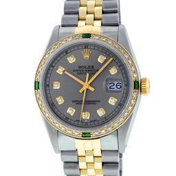 Rolex Mens 2 Tone 14K Slate Grey & Emerald Diamond Datejust Wriswatch