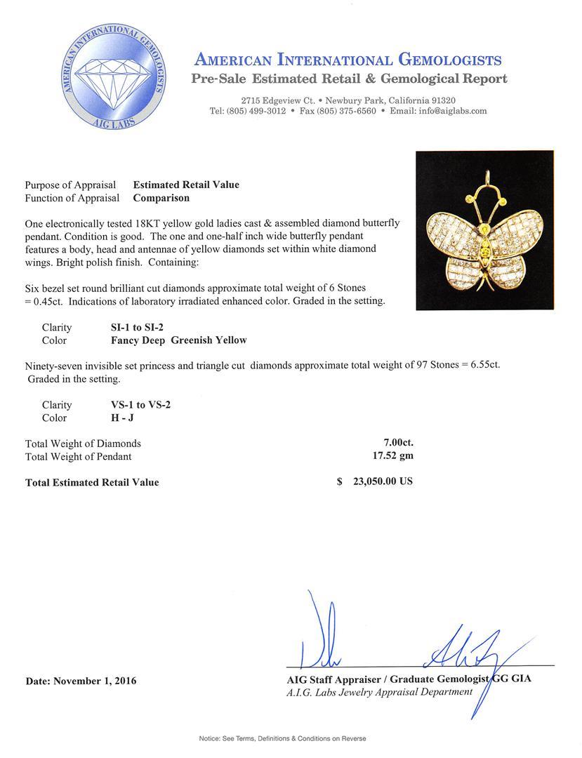 7.00 ctw Diamond Butterfly Pendant - 18KT Yellow Gold