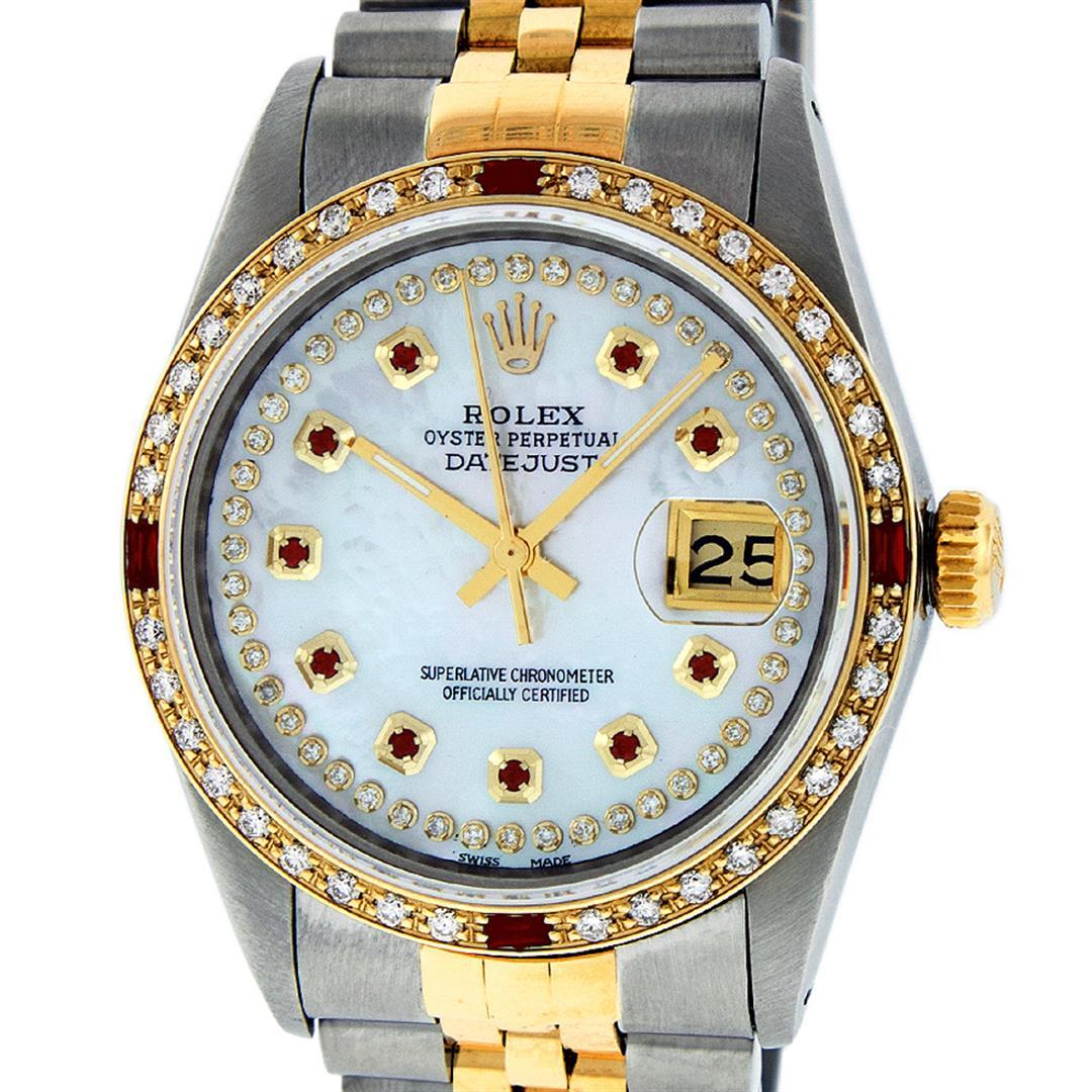 Rolex Mens 2 Tone 14K Mother Of Pearl String Diamond & Ruby Datejust Wristwatch