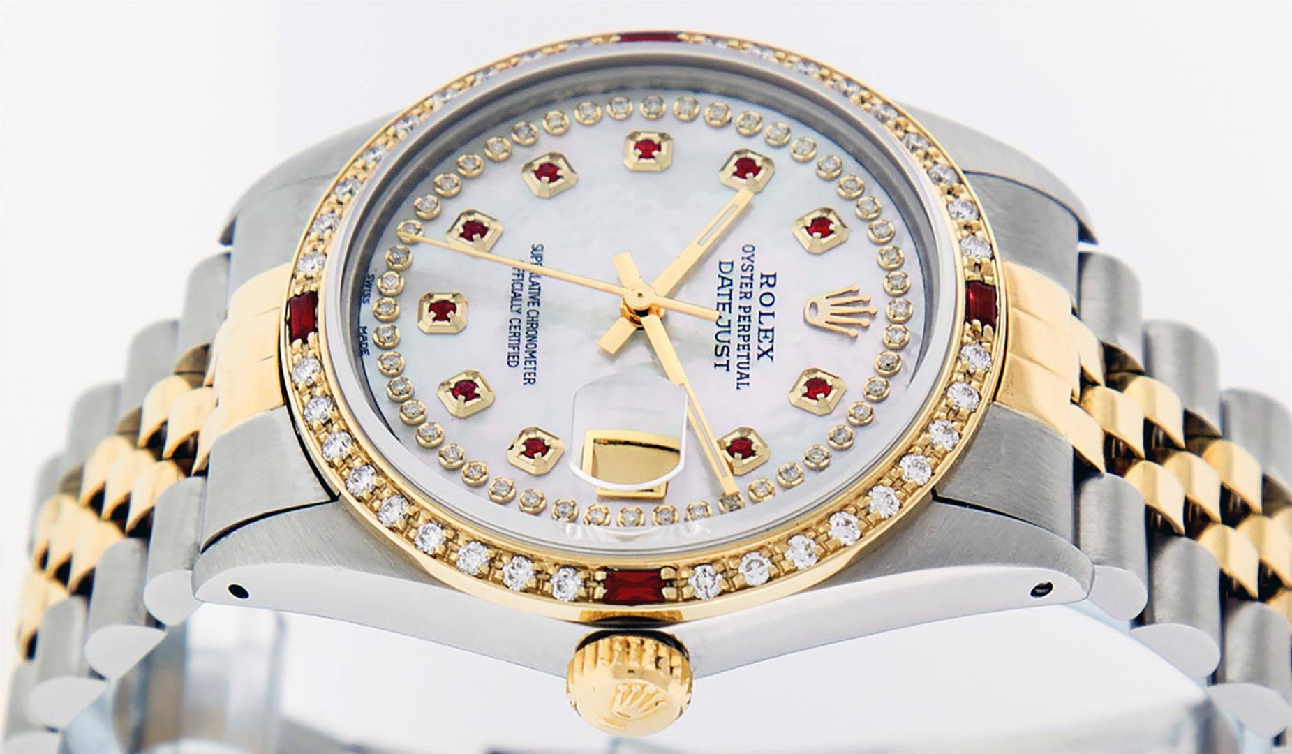 Rolex Mens 2 Tone 14K Mother Of Pearl String Diamond & Ruby Datejust Wristwatch