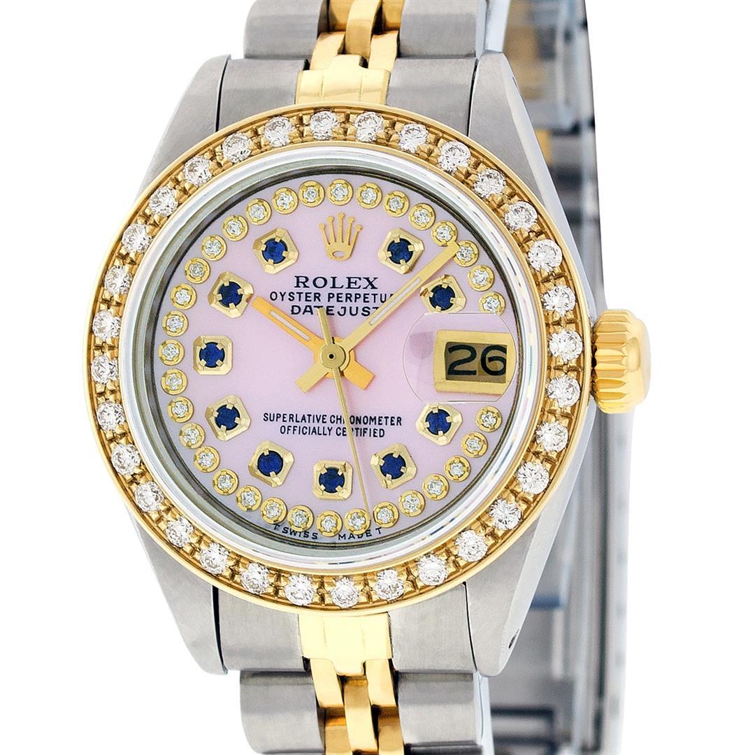 Rolex Ladies 2 Tone 14K Pink MOP Sapphire String Diamond Datejust Wristwatch