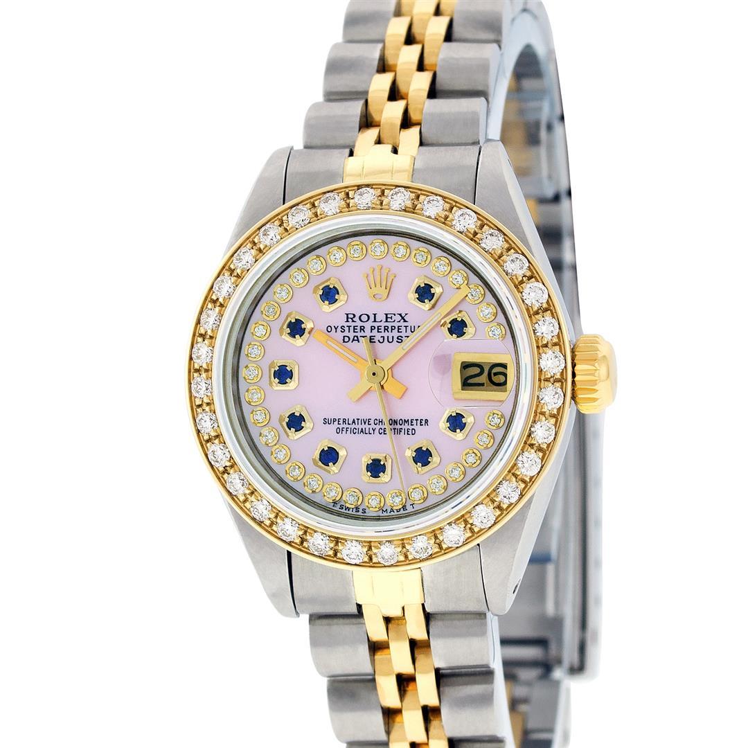 Rolex Ladies 2 Tone 14K Pink MOP Sapphire String Diamond Datejust Wristwatch