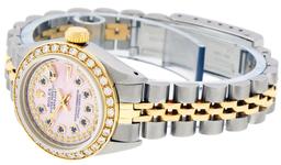 Rolex Ladies 2 Tone 14K Pink MOP Sapphire String Diamond Datejust Wristwatch