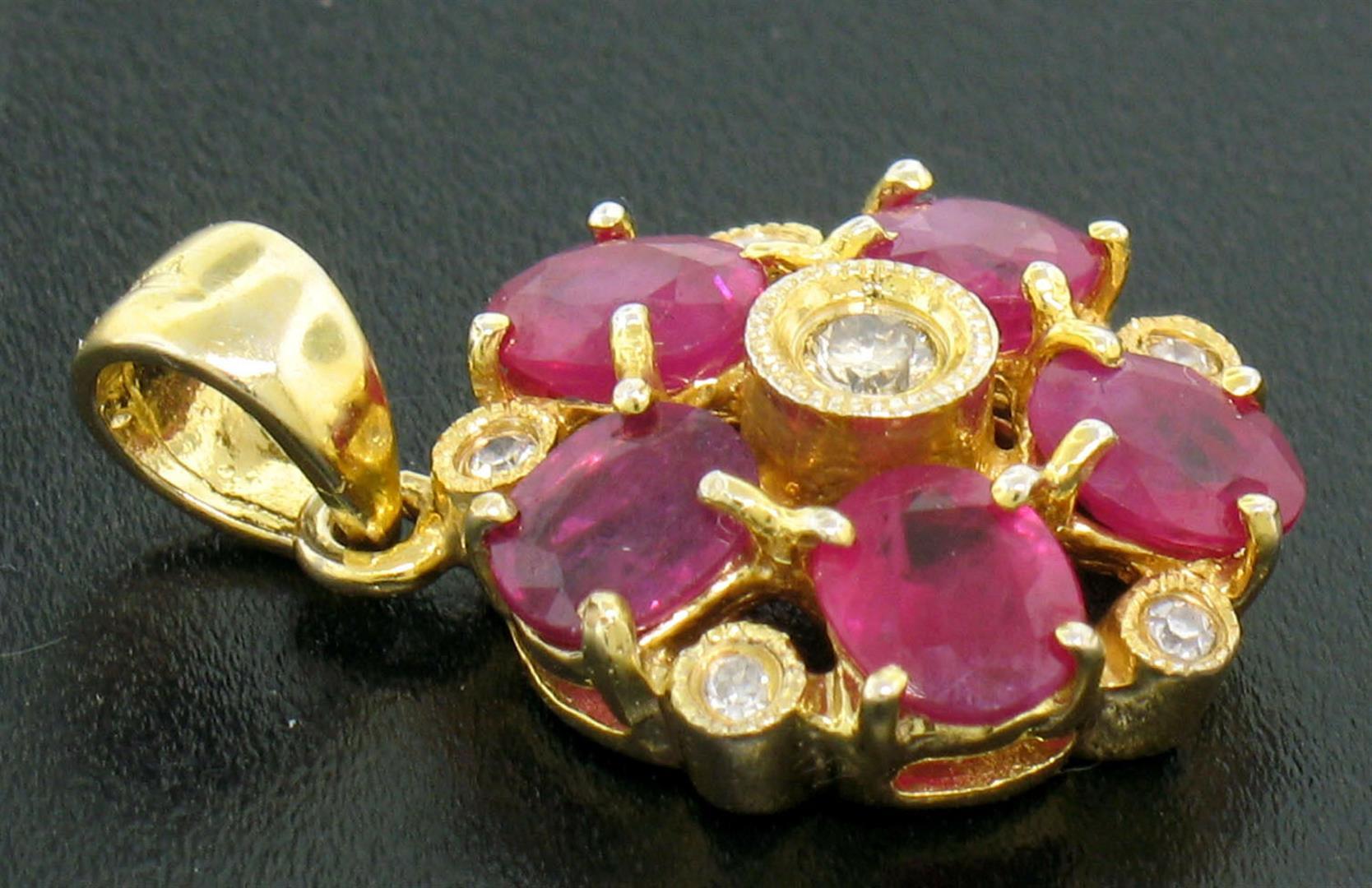 14k Yellow Gold Flower Pendant 2.10 ctw Oval Blood Red Rubies Bezel Set Diamonds