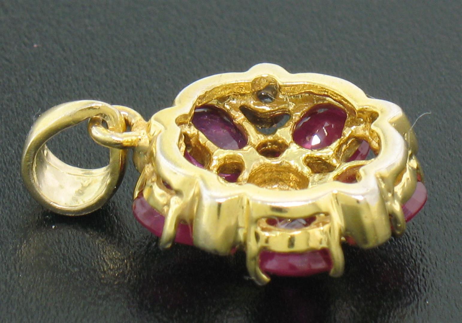 14k Yellow Gold Flower Pendant 2.10 ctw Oval Blood Red Rubies Bezel Set Diamonds