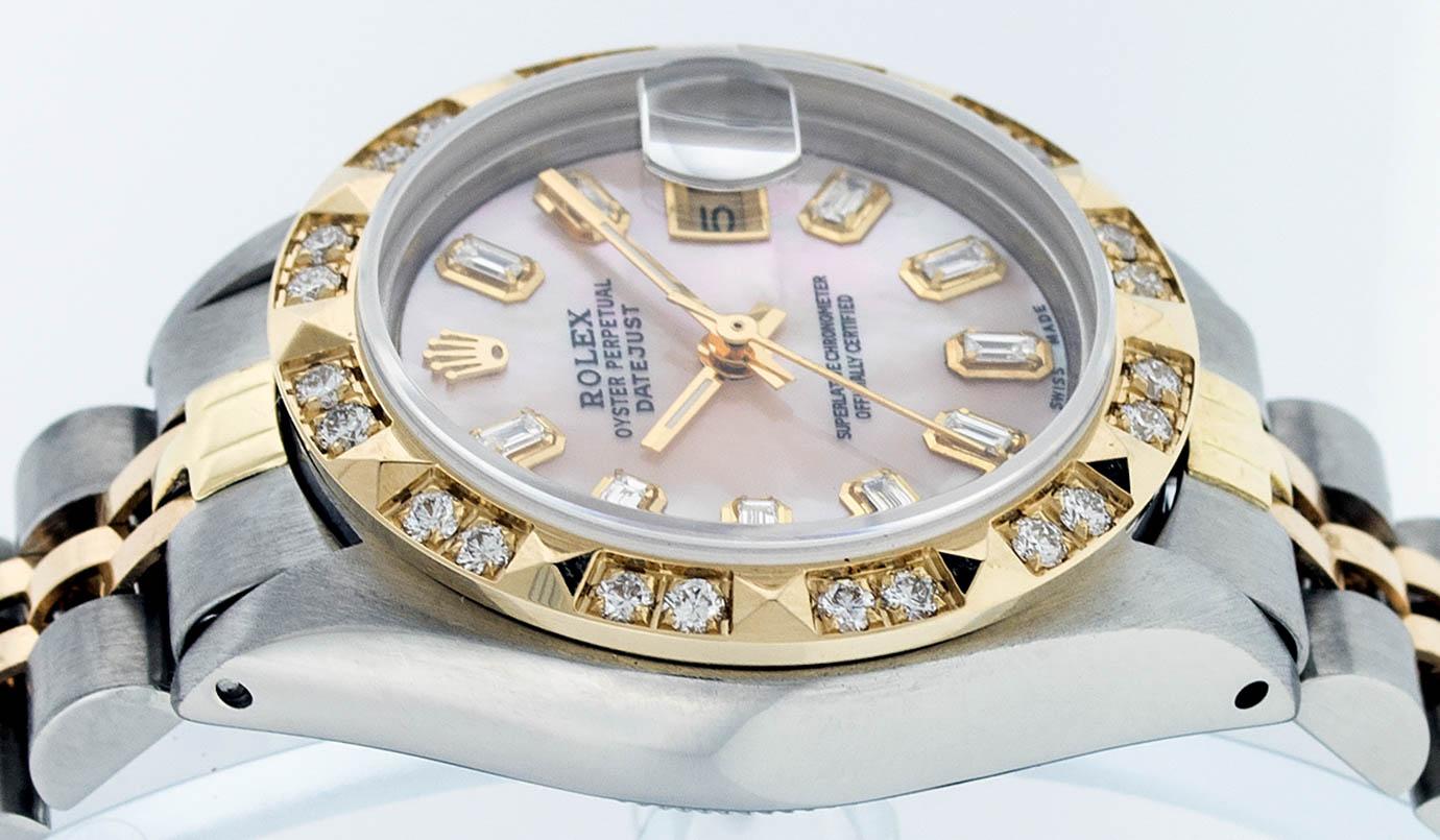 Rolex Ladies 2 Tone 14K Pink Mother Of Pearl Pyramid Diamond Datejust